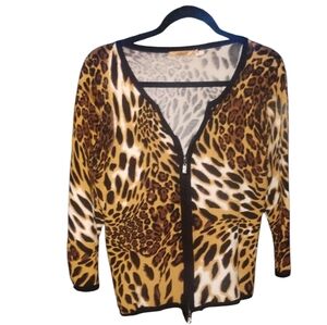 Belldini Women's Leopard Zip Front Cardigan Like 3/4 Length Top SZ XL